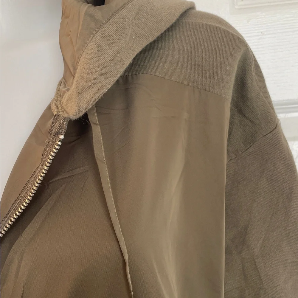 ZARA MIXED MEDIA FRONT ZIPPED OVERSIZED KHAKI HOODED JACKET WITH RUFFLES SZ M